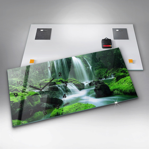 Horizontální skleněné hodiny na stěnu Vodopád mezi mechem