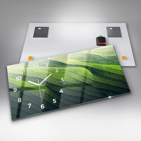 Horizontální skleněné hodiny na stěnu Abstraktní zelená pole