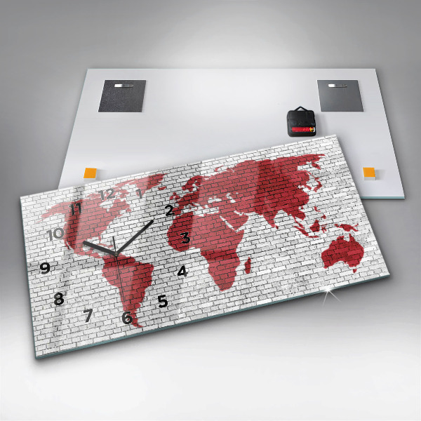 Horizontální skleněné hodiny na stěnu Cihlová zeď Mapa světa
