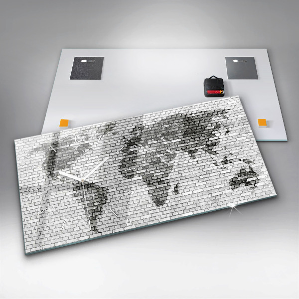 Horizontální skleněné hodiny na stěnu Cihlová zeď Mapa světa