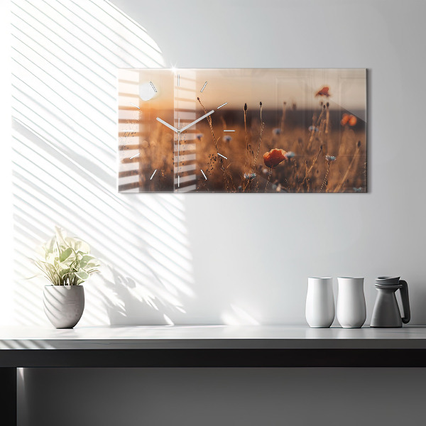 Horizontální skleněné hodiny na stěnu Východ slunce na poli