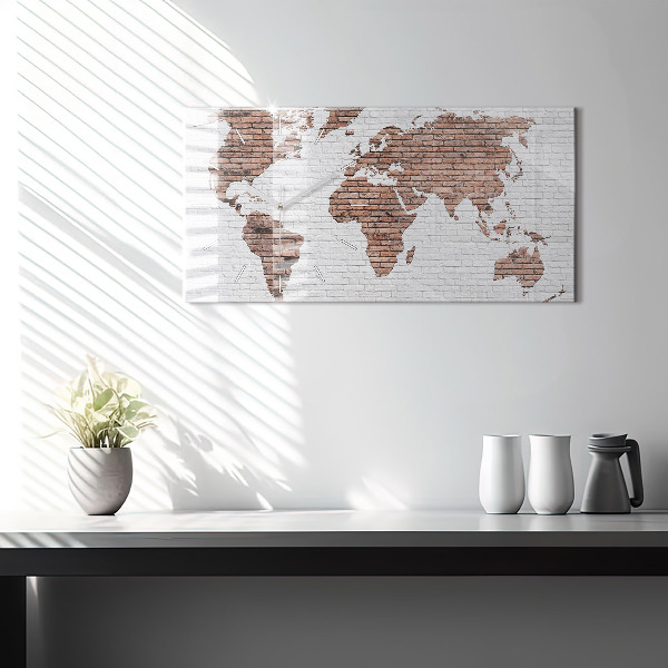 Horizontální skleněné hodiny na stěnu Cihlová mapa světa