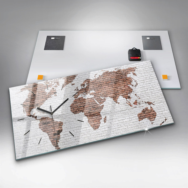 Horizontální skleněné hodiny na stěnu Cihlová mapa světa