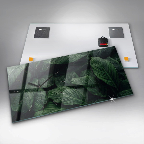 Horizontální skleněné hodiny na stěnu Tropická monstera