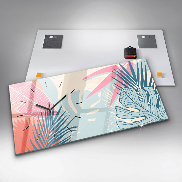 Horizontální skleněné hodiny na stěnu Pastelové listy