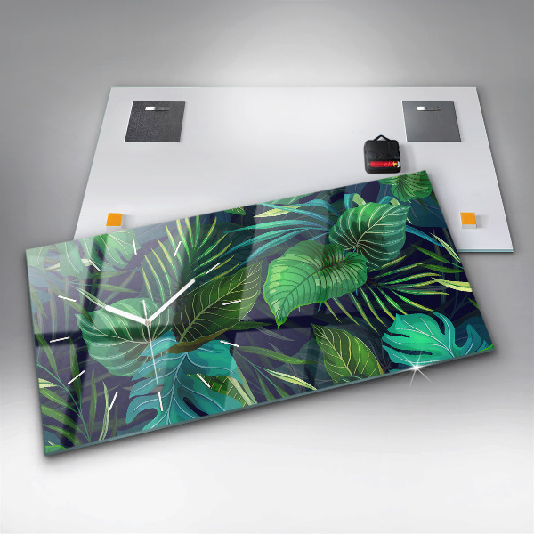 Horizontální skleněné hodiny na stěnu Exotické listy