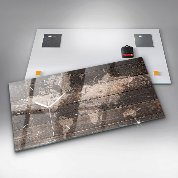 Horizontální skleněné hodiny na stěnu Mapa světa na dřevě