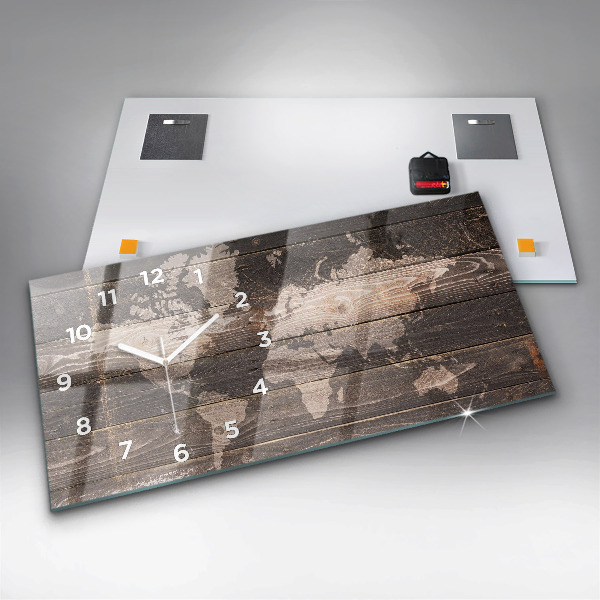 Horizontální skleněné hodiny na stěnu Mapa světa na dřevě
