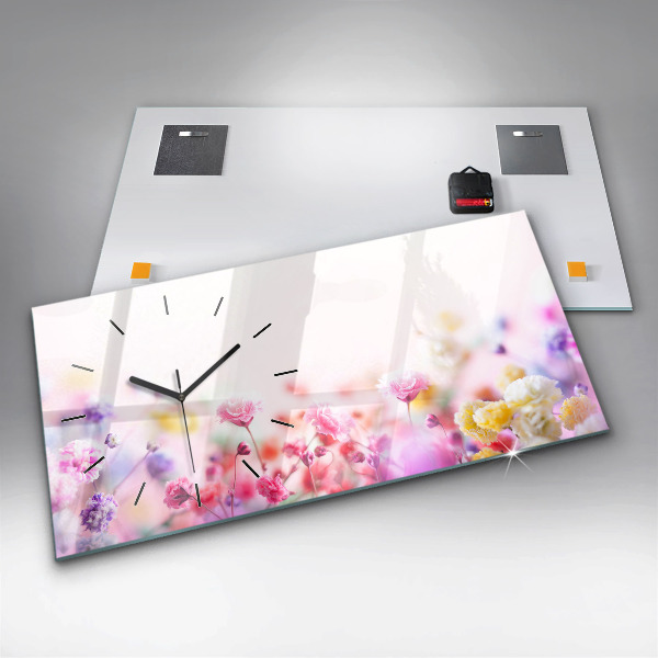 Horizontální skleněné hodiny na stěnu Květiny na louce