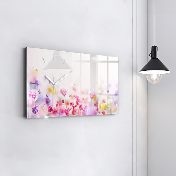 Horizontální skleněné hodiny na stěnu Květiny na louce