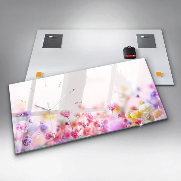 Horizontální skleněné hodiny na stěnu Květiny na louce