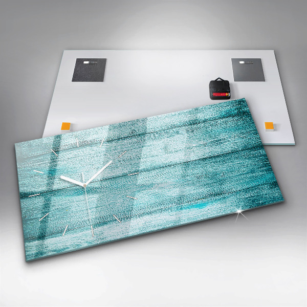 Horizontální skleněné hodiny na stěnu Modré staré dřevo