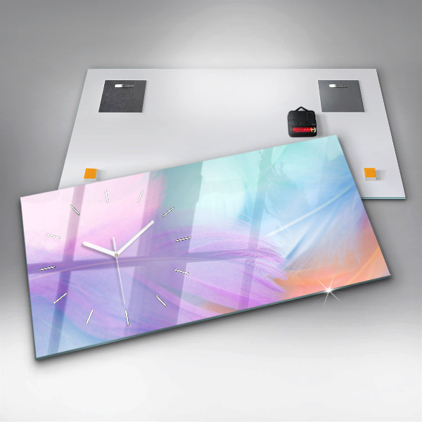 Horizontální skleněné hodiny na stěnu Barevné peří