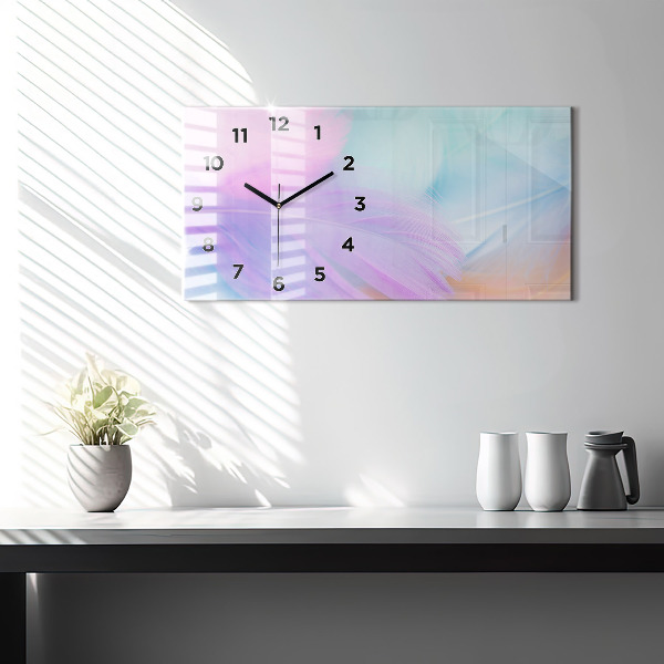 Horizontální skleněné hodiny na stěnu Barevné peří