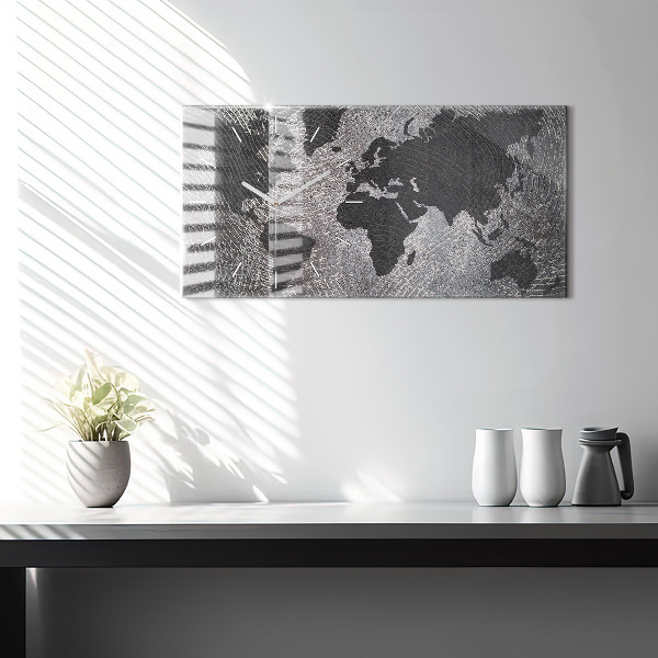 Horizontální skleněné hodiny na stěnu Betonová mapa světa