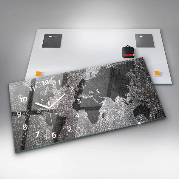 Horizontální skleněné hodiny na stěnu Betonová mapa světa
