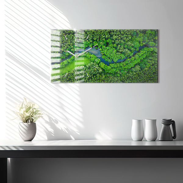 Horizontální skleněné hodiny na stěnu Řeka v lese