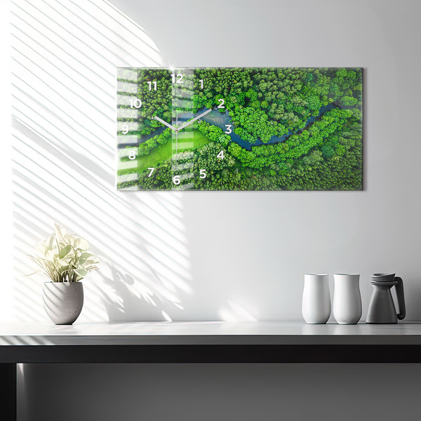 Horizontální skleněné hodiny na stěnu Řeka v lese