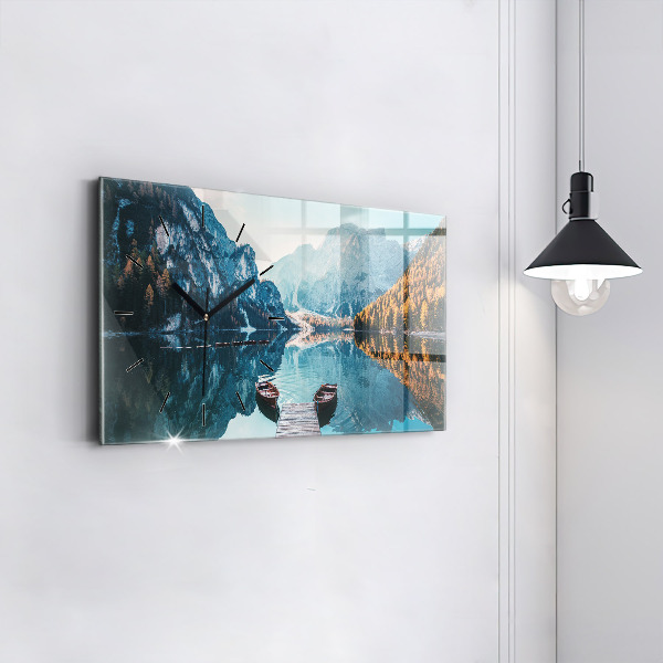 Horizontální skleněné hodiny na stěnu Lodě na jezeře