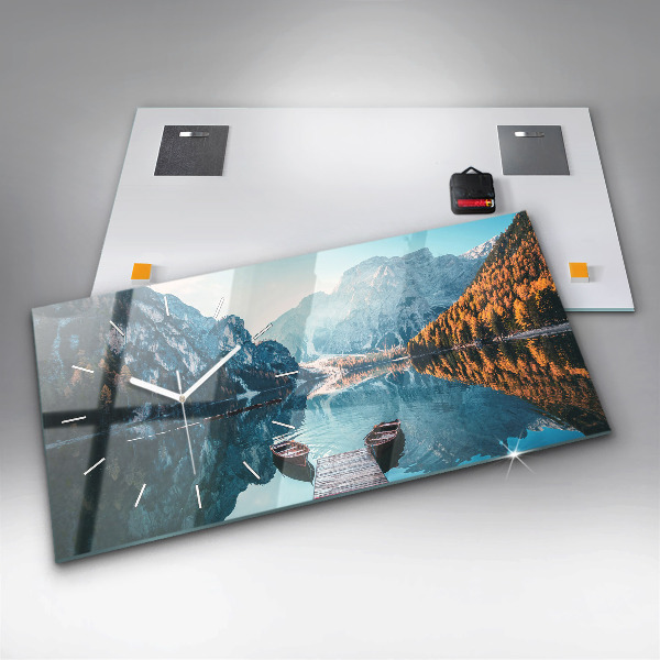 Horizontální skleněné hodiny na stěnu Lodě na jezeře