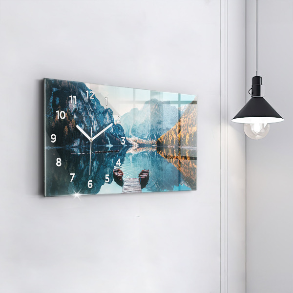 Horizontální skleněné hodiny na stěnu Lodě na jezeře