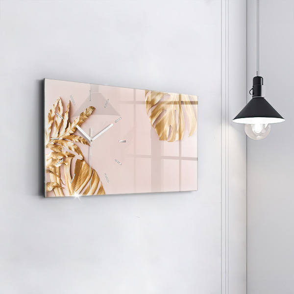 Horizontální skleněné hodiny na stěnu Zlaté tropické listy