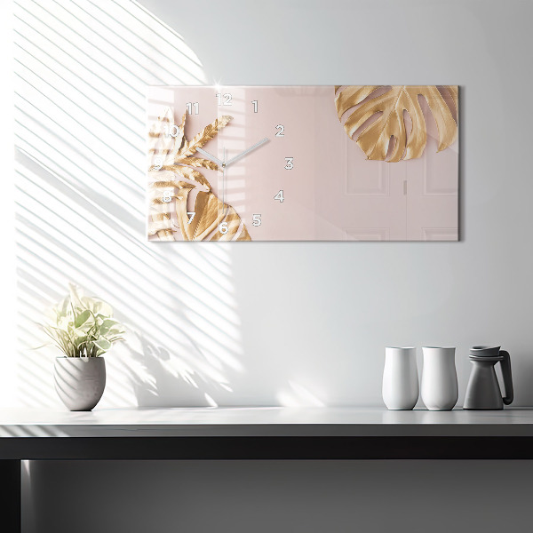 Horizontální skleněné hodiny na stěnu Zlaté tropické listy