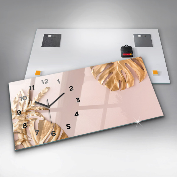 Horizontální skleněné hodiny na stěnu Zlaté tropické listy