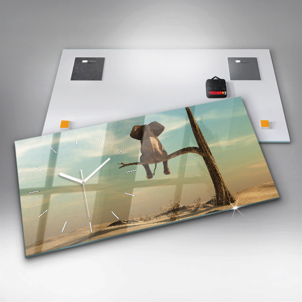 Horizontální skleněné hodiny na stěnu Slon na stromě