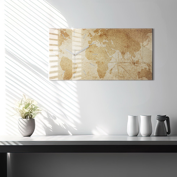 Horizontální skleněné hodiny na stěnu Vintage mapa světa