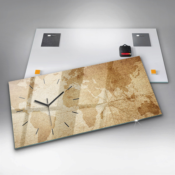 Horizontální skleněné hodiny na stěnu Vintage mapa světa