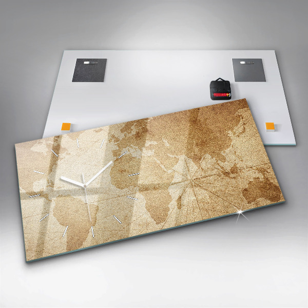 Horizontální skleněné hodiny na stěnu Vintage mapa světa