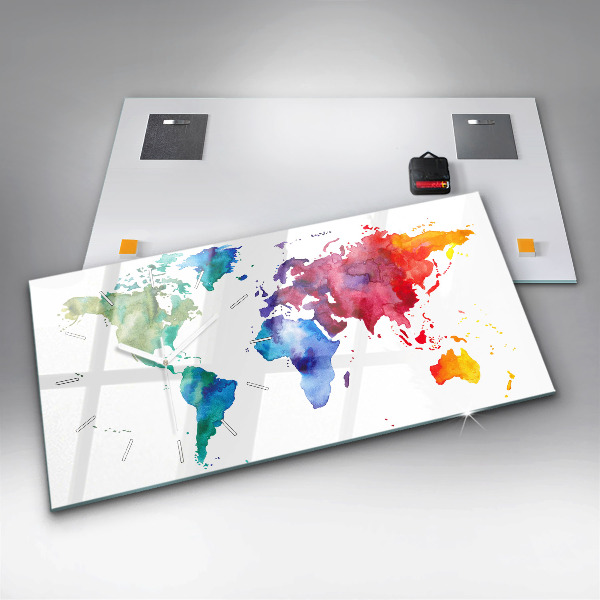 Horizontální skleněné hodiny na stěnu Akvarelová mapa světa