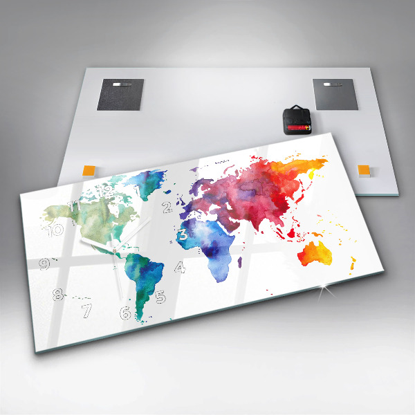 Horizontální skleněné hodiny na stěnu Akvarelová mapa světa