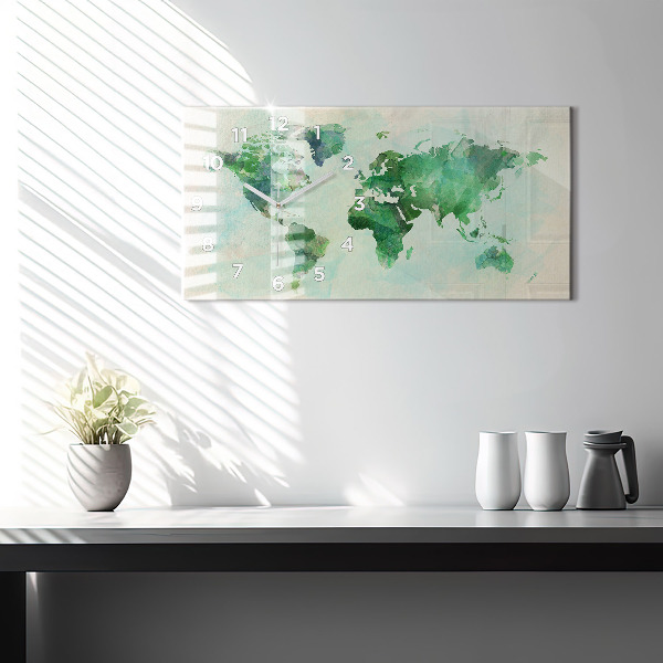Horizontální skleněné hodiny na stěnu Akvarelová mapa světa