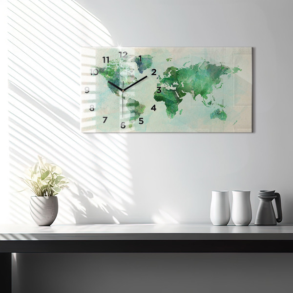 Horizontální skleněné hodiny na stěnu Akvarelová mapa světa