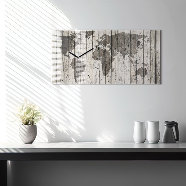 Horizontální skleněné hodiny na stěnu Mapa světa prkna