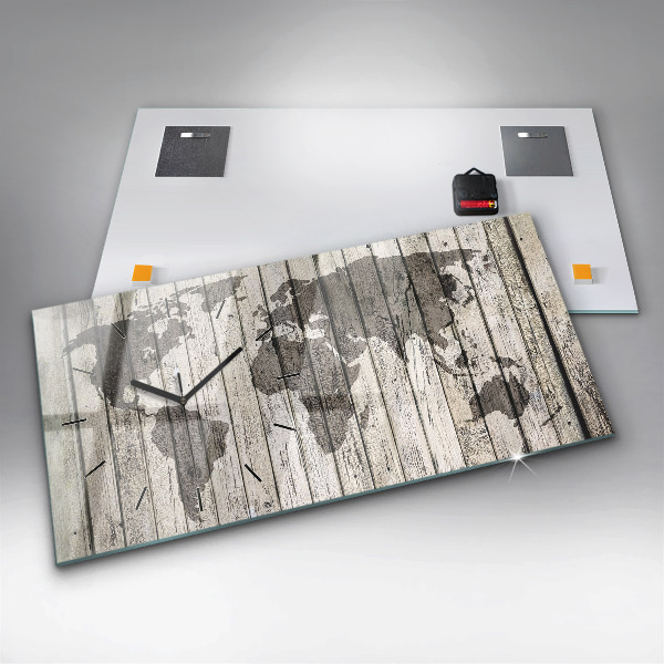 Horizontální skleněné hodiny na stěnu Mapa světa prkna