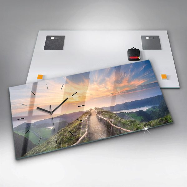 Horizontální hodiny na skle Horská krajina