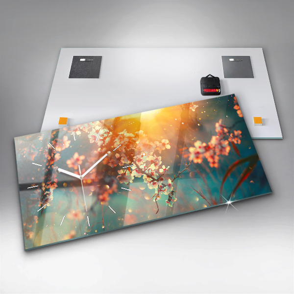 Horizontální hodiny na skle Jarní květiny