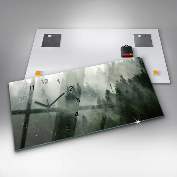 Horizontální hodiny na skle Mlžný les