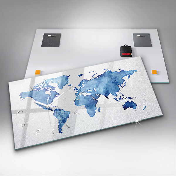 Horizontální hodiny na skle Akvarelová mapa světa