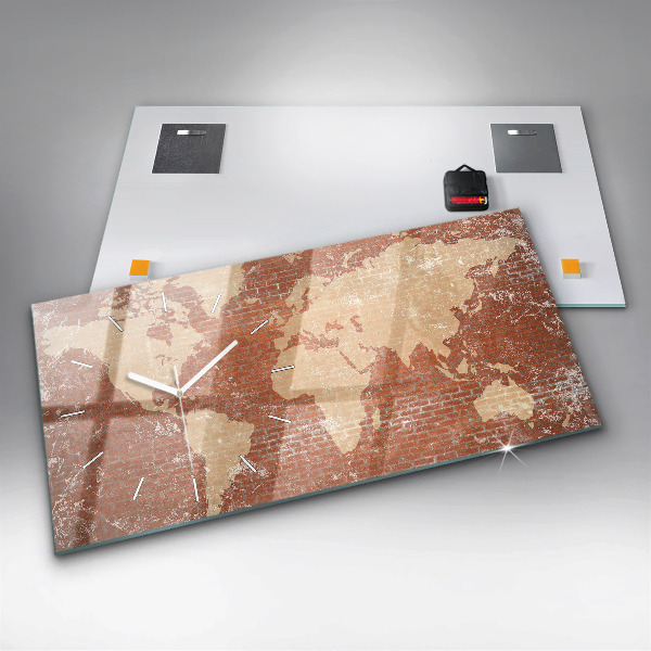 Horizontální hodiny na skle Mapa světa na cihle