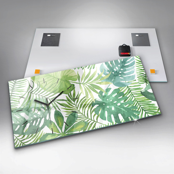 Horizontální hodiny na skle Zelené listy