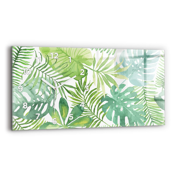 Horizontální hodiny na skle Zelené listy
