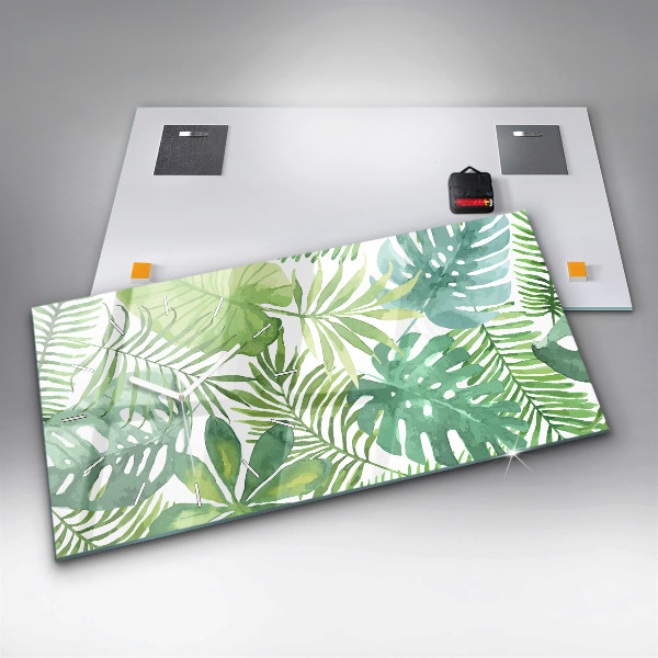 Horizontální hodiny na skle Zelené listy