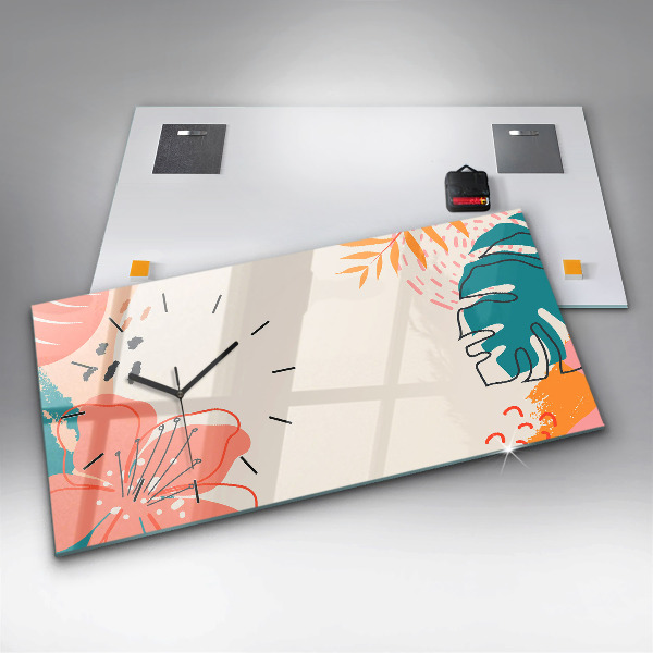 Horizontální skleněné hodiny na stěnu Havajské rostliny