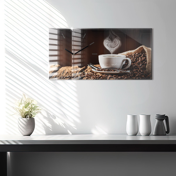 Horizontální skleněné hodiny na stěnu Šálek kávy