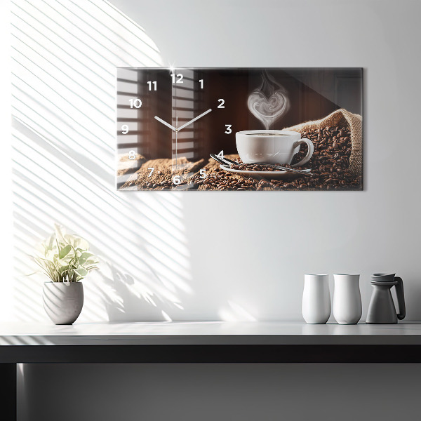 Horizontální skleněné hodiny na stěnu Šálek kávy