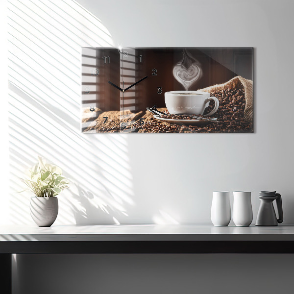 Horizontální skleněné hodiny na stěnu Šálek kávy